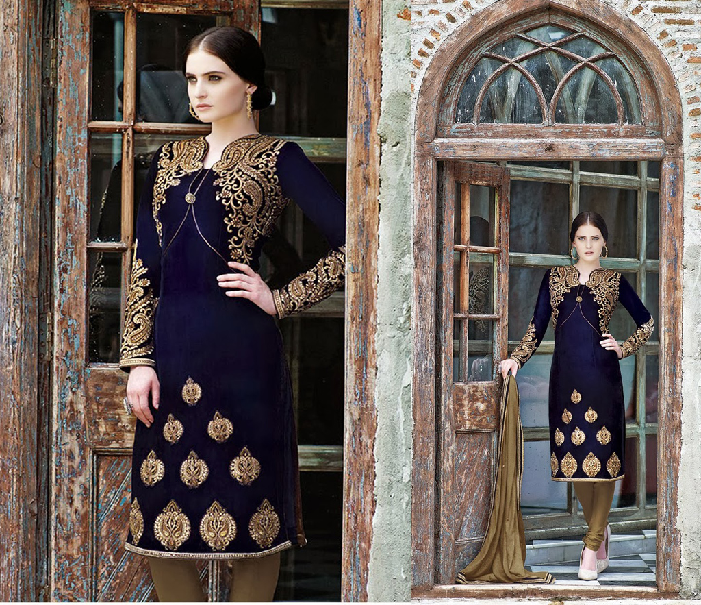 Blue Embroidery Velvet Designer Salwar Suit 28426