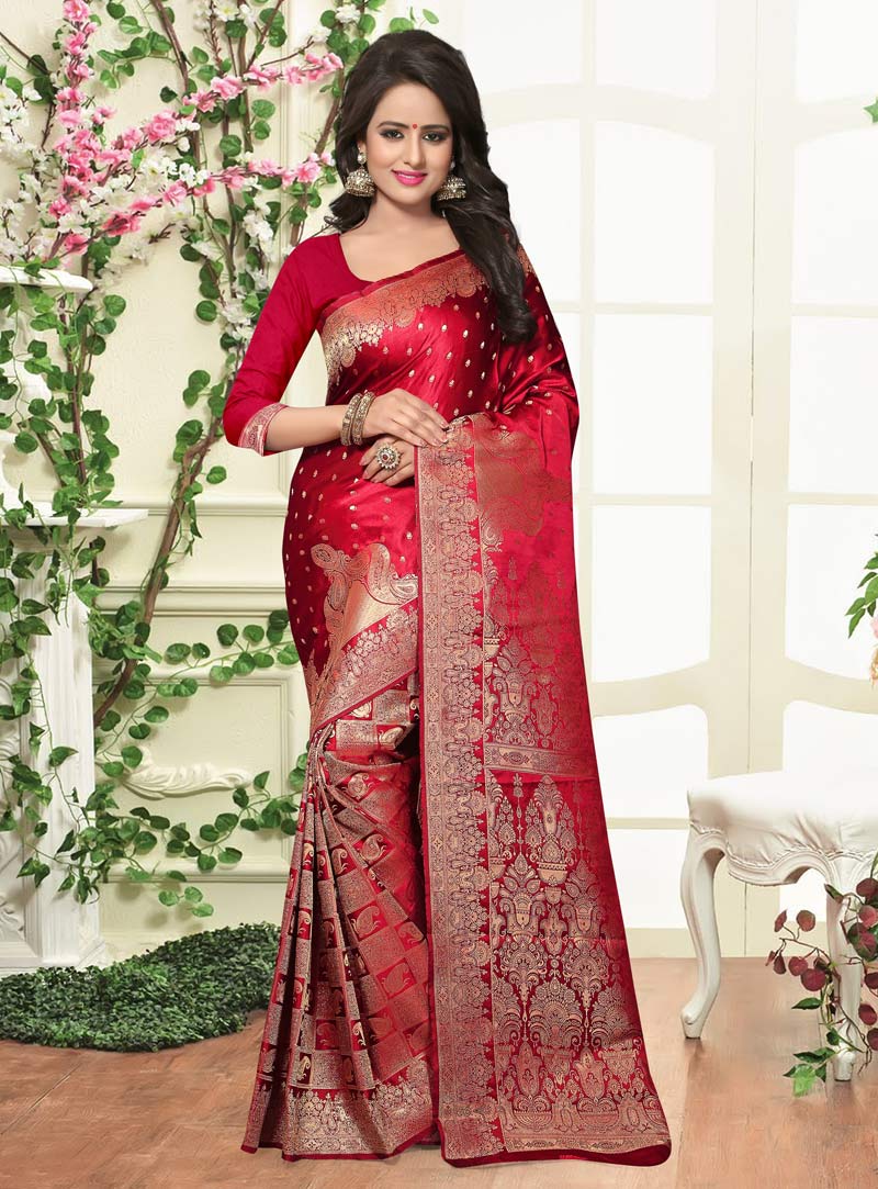 Red Banarasi Silk Saree With Blouse 87527