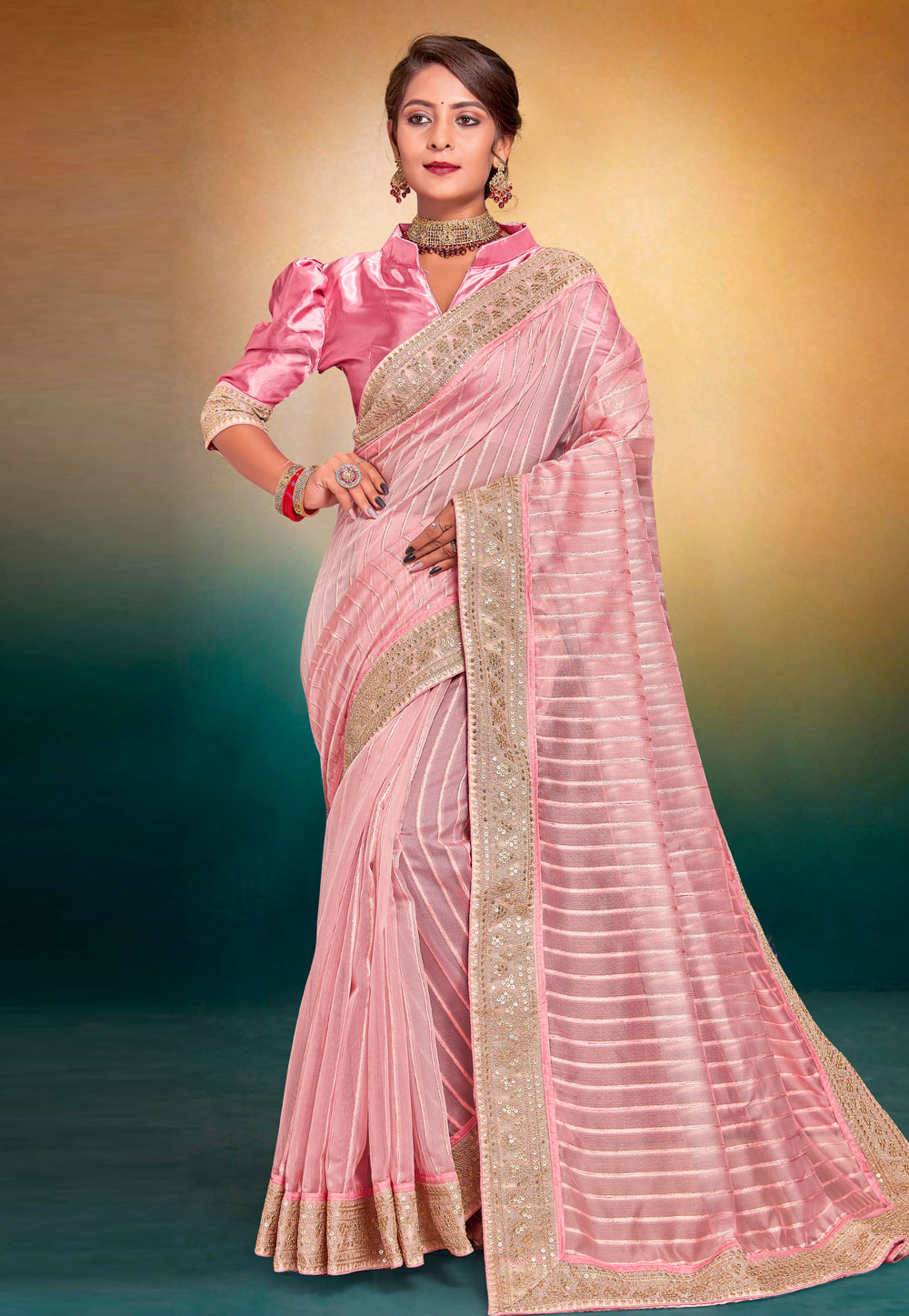 Pink Tissue Saree With Blouse 274799