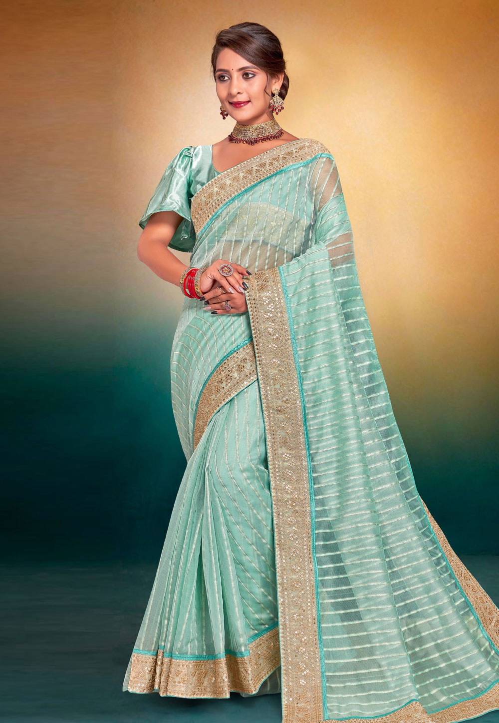 Sea Green Tissue Saree With Blouse 274800