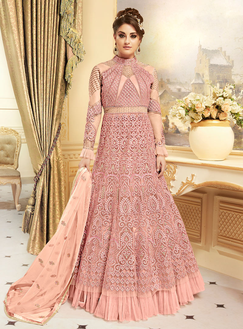 Pink Net Floor Length Anarkali Suit 126709