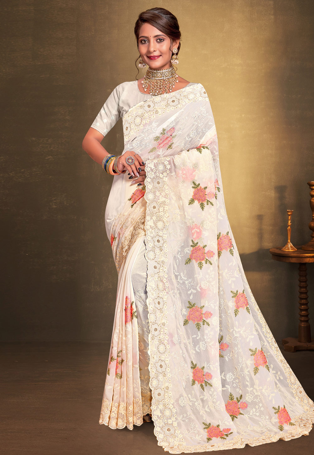 Off White Georgette Saree With Blouse 274917