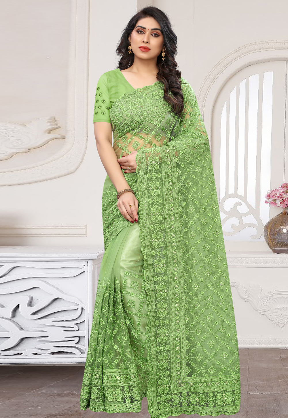 Green Net Saree With Blouse 211210