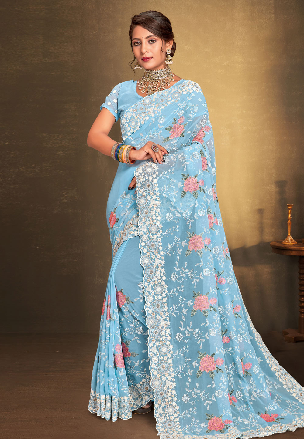 Sky Blue Georgette Saree With Blouse 274920