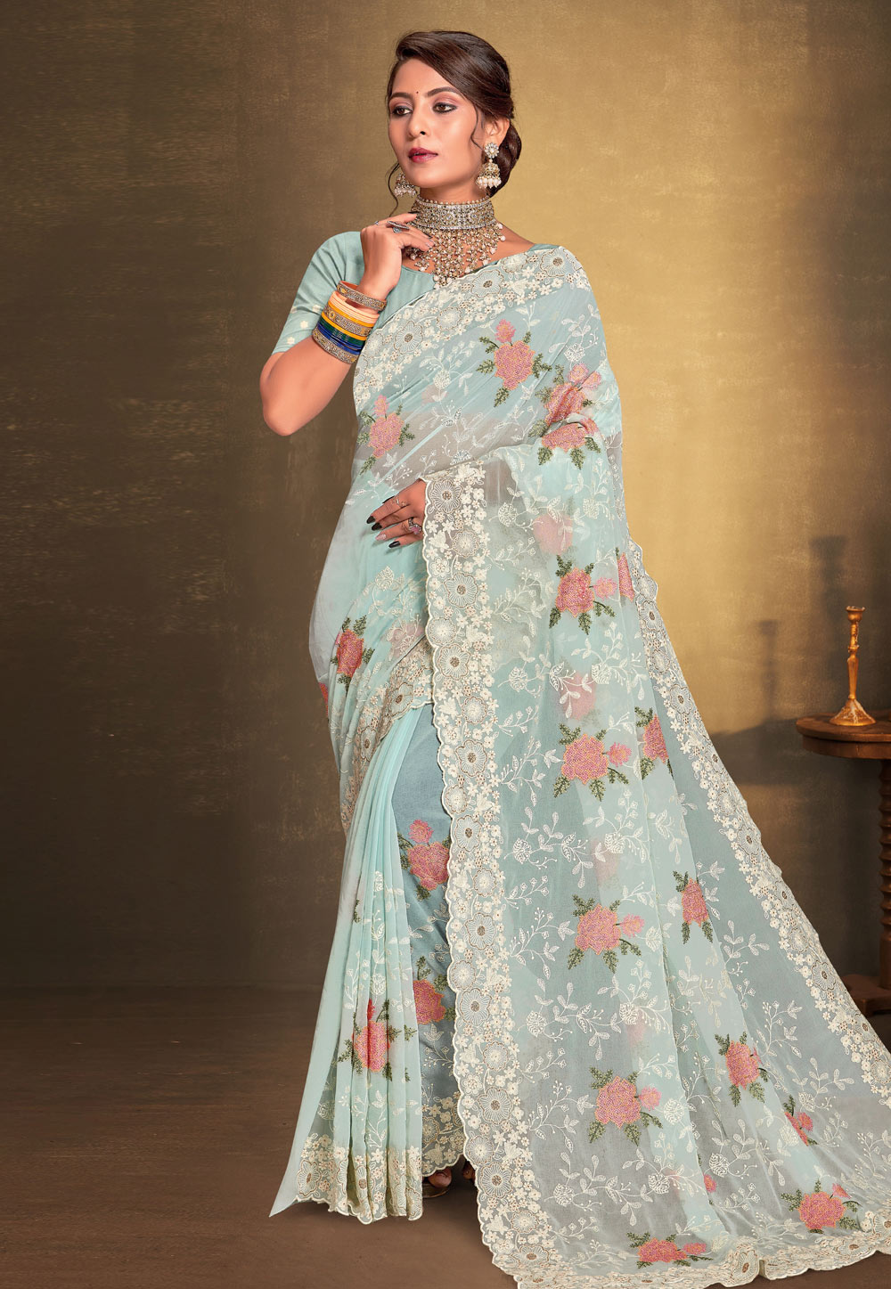 Sky Blue Georgette Saree With Blouse 274923