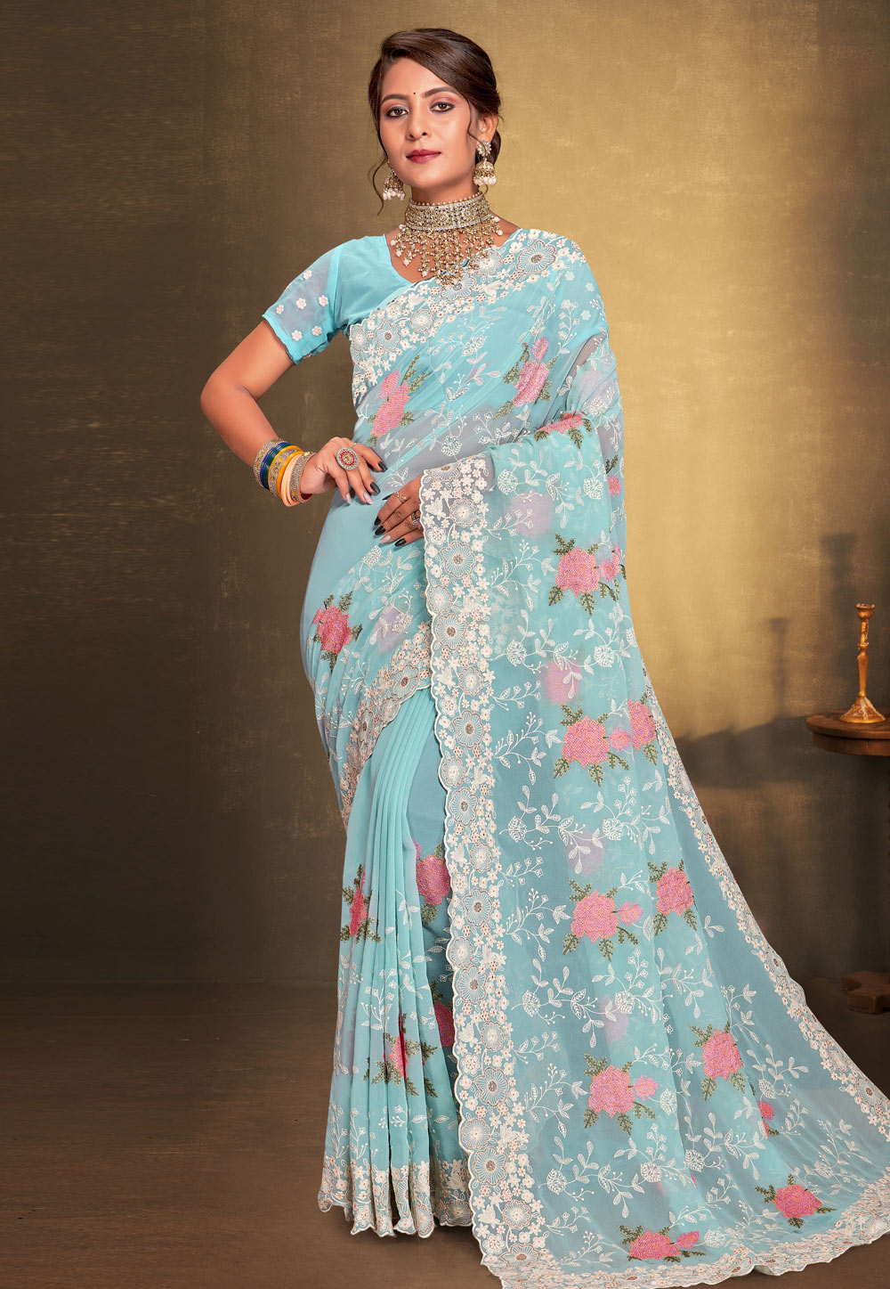 Sky Blue Georgette Saree With Blouse 274925