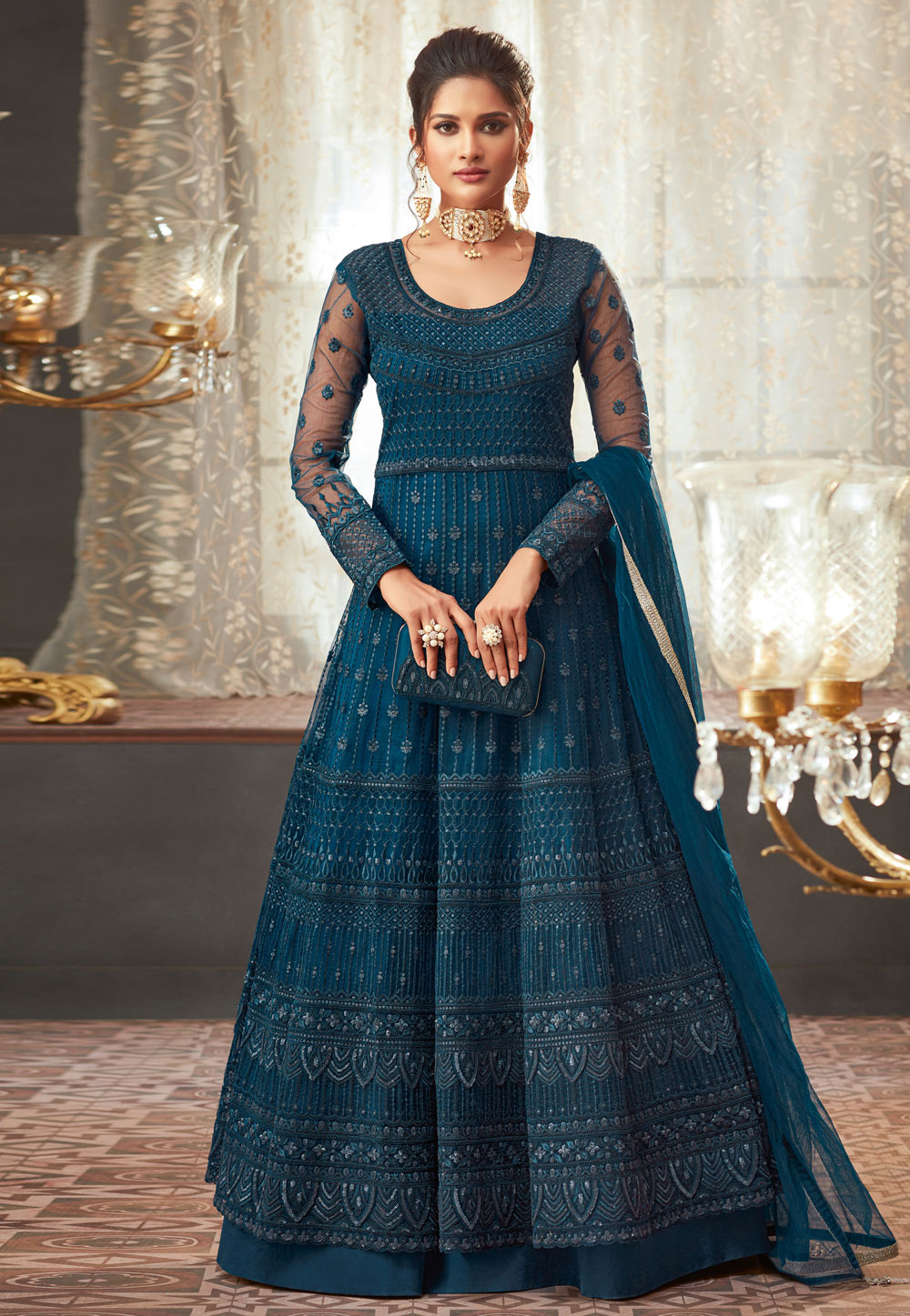 Blue Net Embroidered Long Anarkali Suit 185970