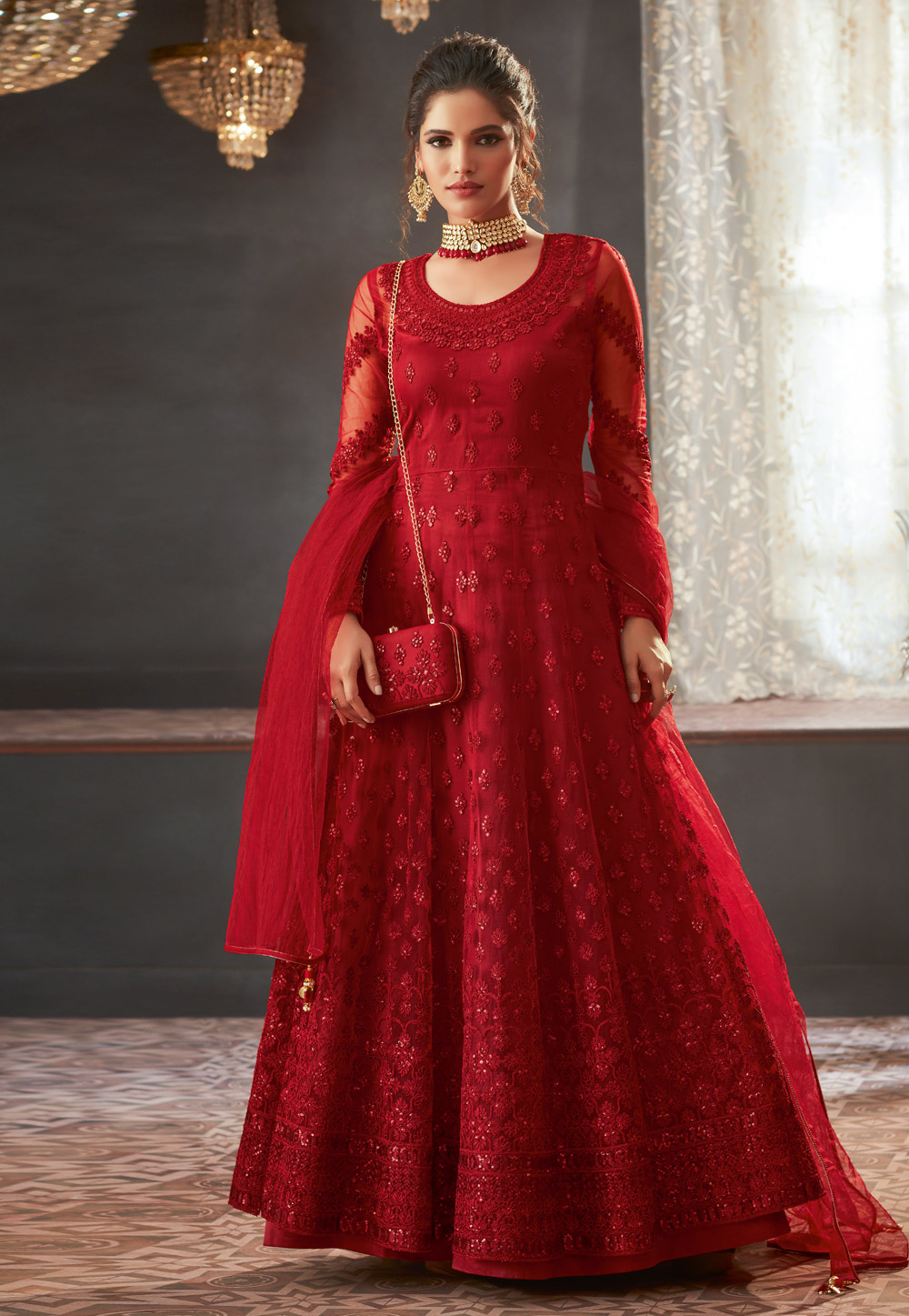 Maroon Net Embroidered Abaya Style Anarkali Suit 185971