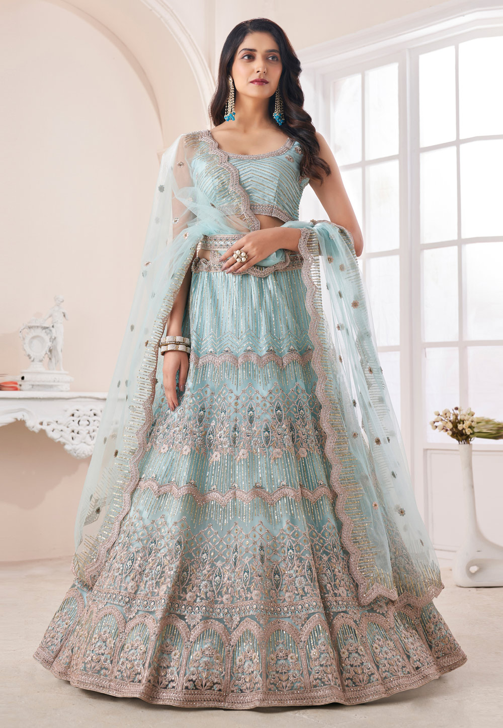 Sky Blue Soft Net Circular Lehenga Choli 264810