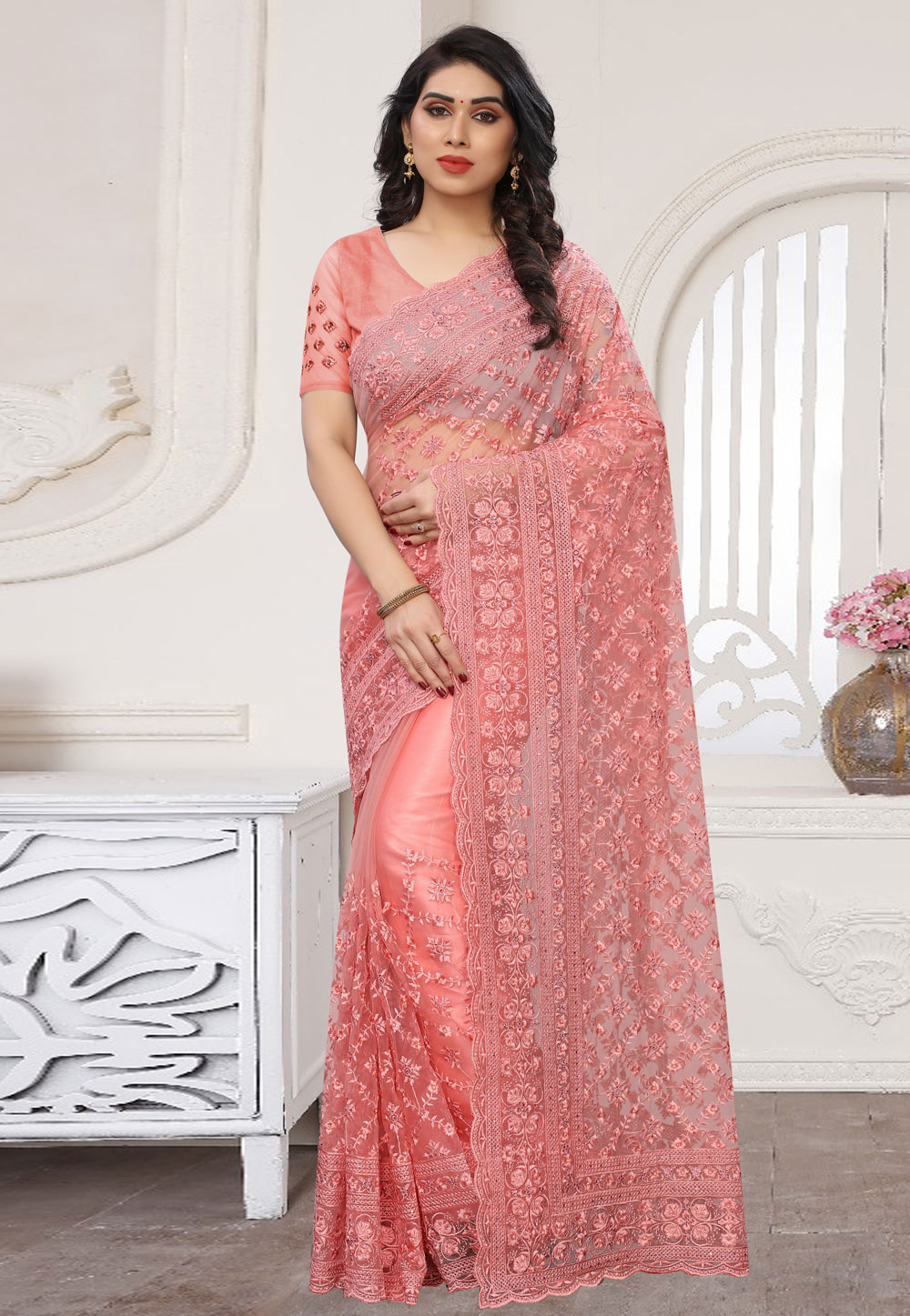 Pink Net Saree With Blouse 211212