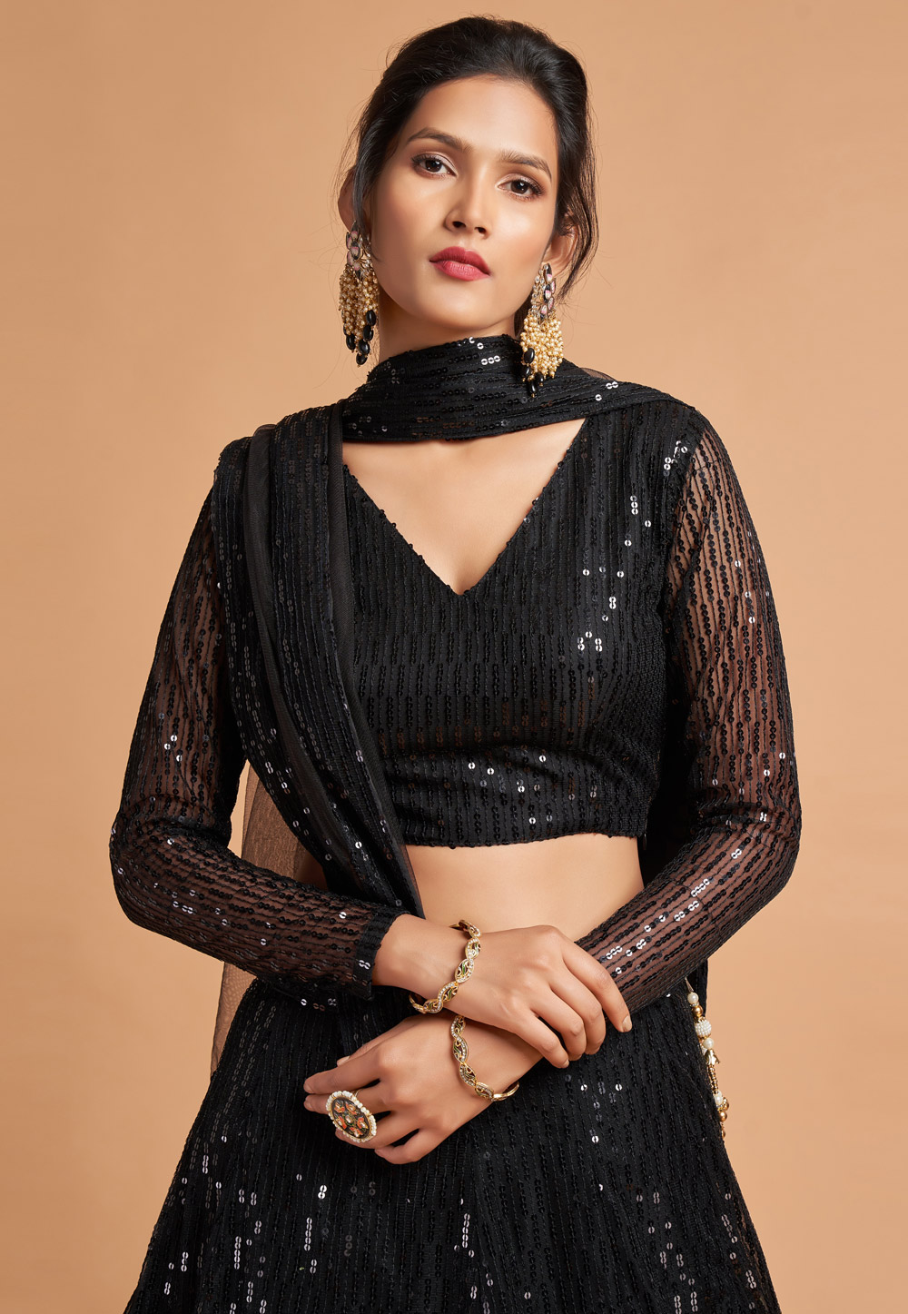 Buy Lovely Black Sequins Silk Reception Wear Lehenga Choli - Zeel Clothing