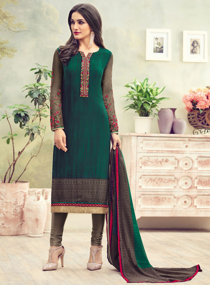 Green Crepe Churidar Salwar Suit 89959