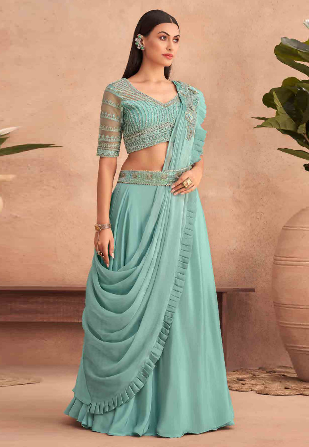 Sea Green Silk Designer Lehenga Saree 261477 