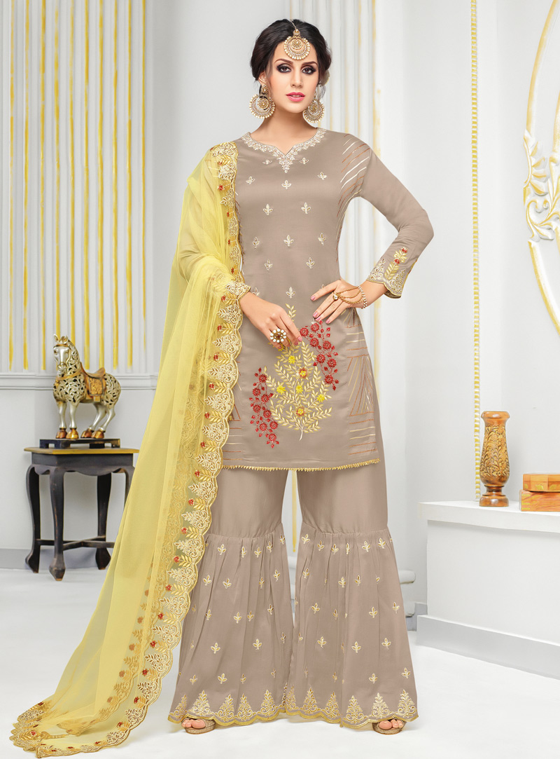 Light Brown Silk Sharara Style Suit 137049
