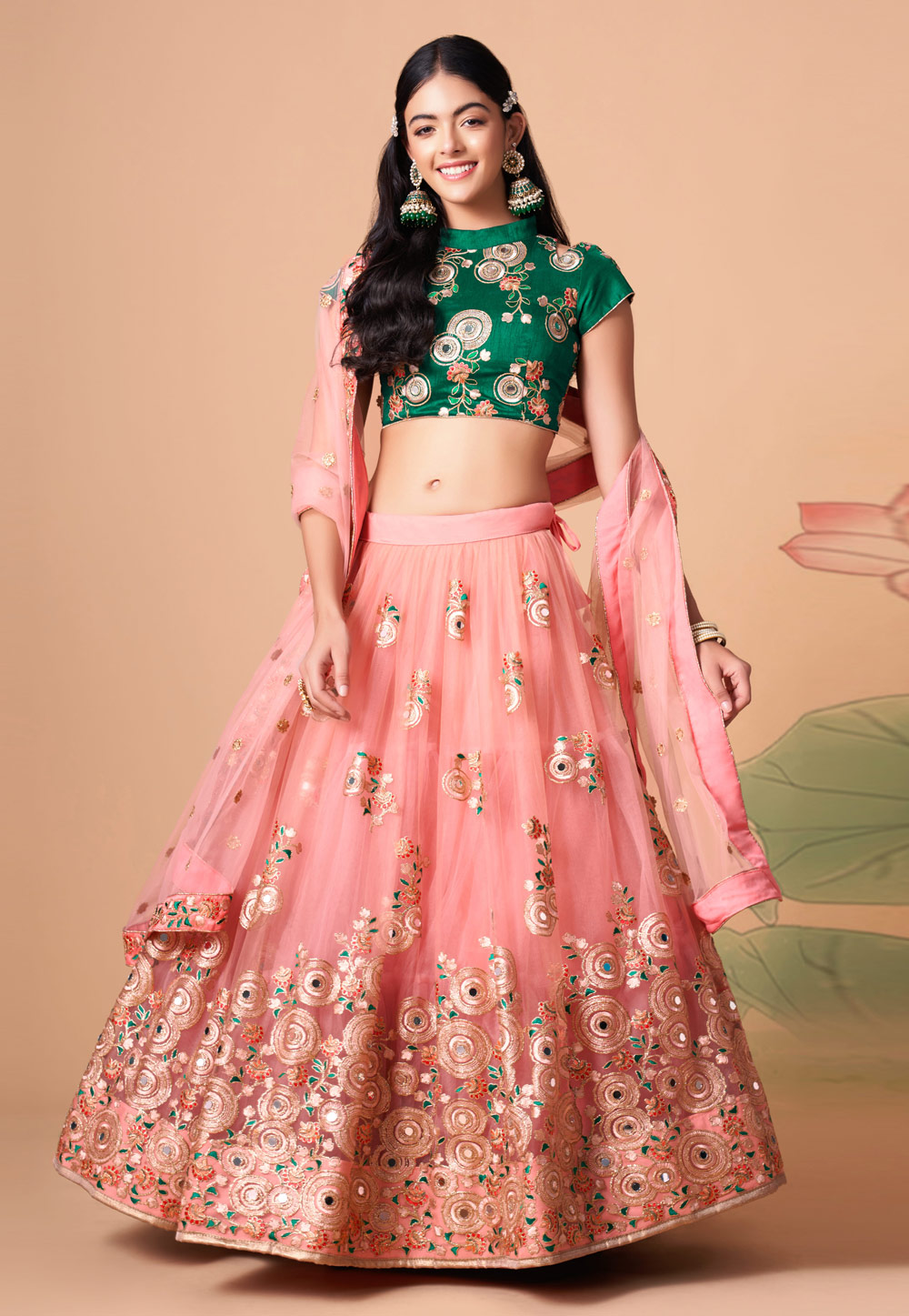 Buy Vintage Rose Pink Sequins Lehenga With A Balloon Sleeves Crop Top  Featuring Embroidered Lapel Collar Neckline Online - Kalki Fashion