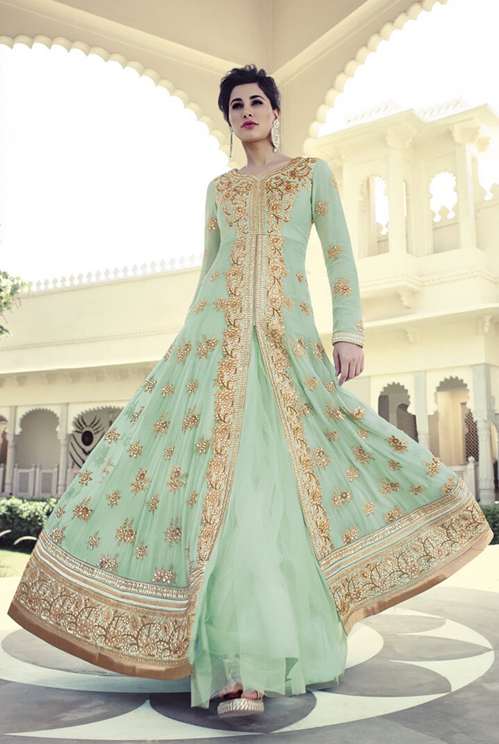 Nargis Fakhri Light Green Georgette Designer Anarkali Suit 61848