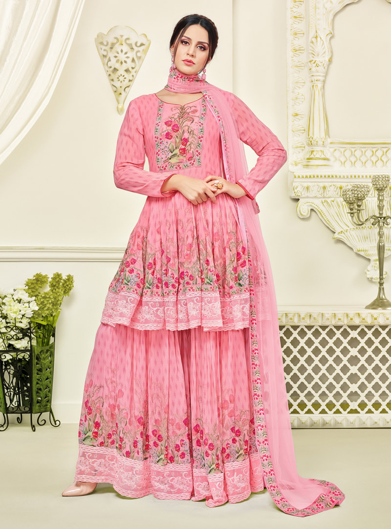 Pink Faux Georgette Sharara Style Suit 137053