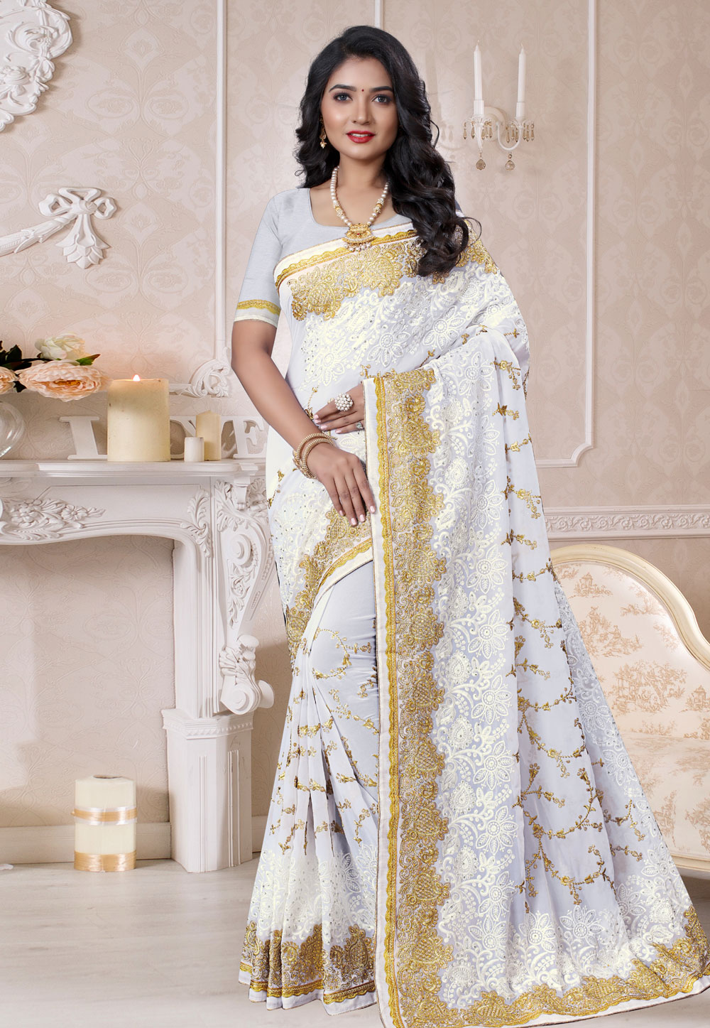 White Georgette Saree With Blouse 212278