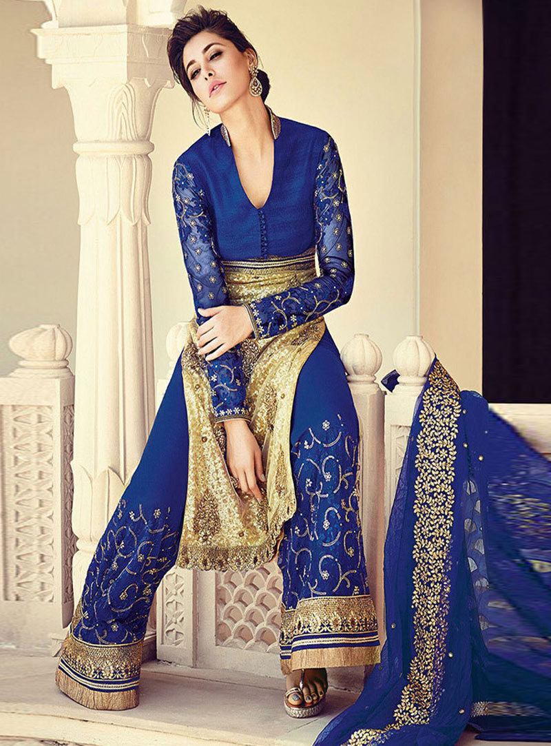 Nargis Fakhri Blue Net Palazzo Style Suit 87350