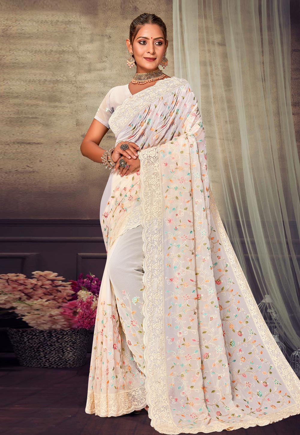 Off White Georgette Saree With Blouse 276626