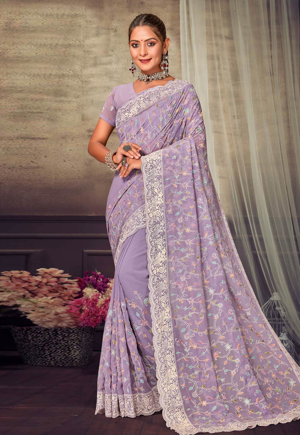 Lavender Georgette Saree With Blouse 276628