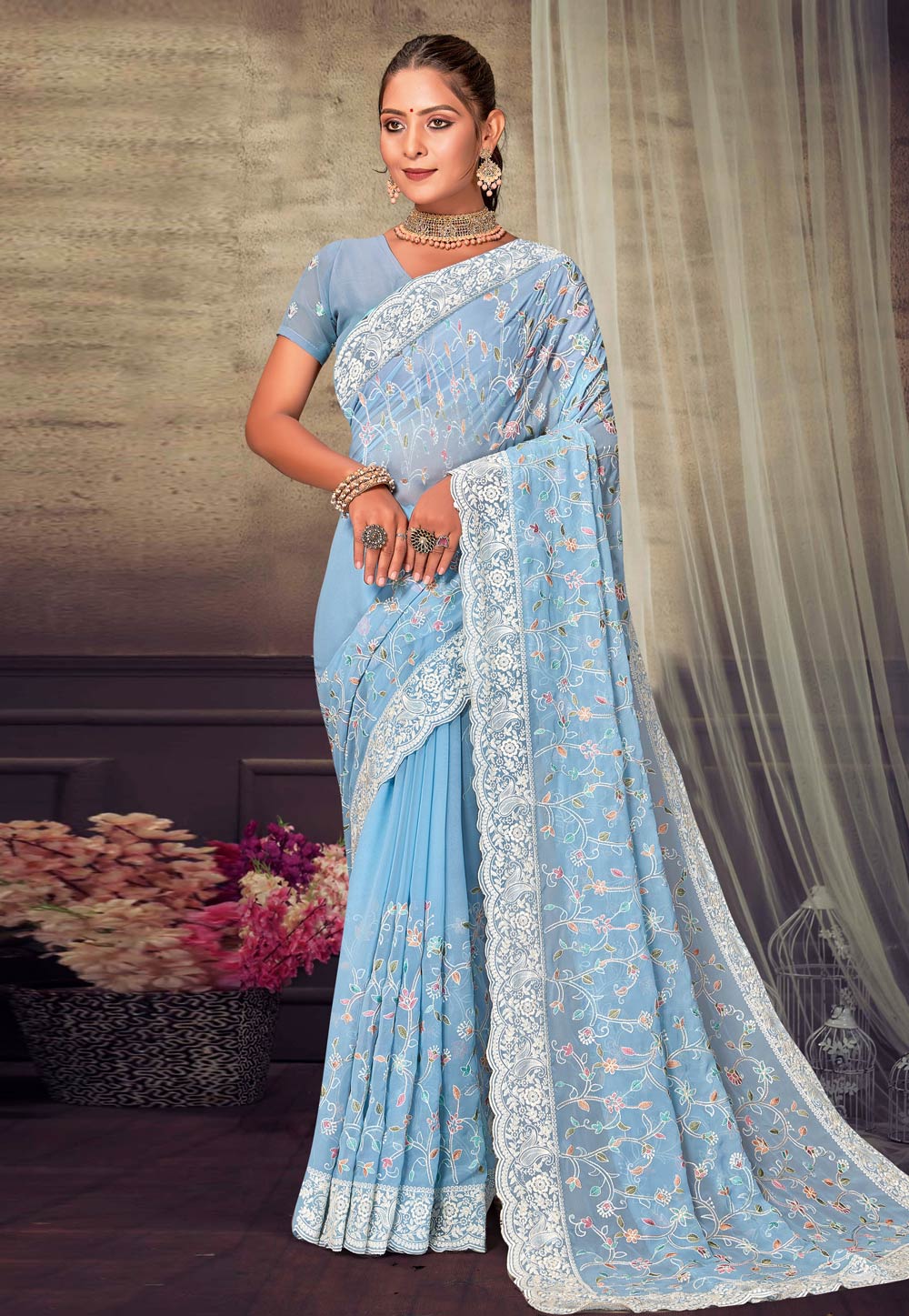 Sky Blue Georgette Saree With Blouse 276629