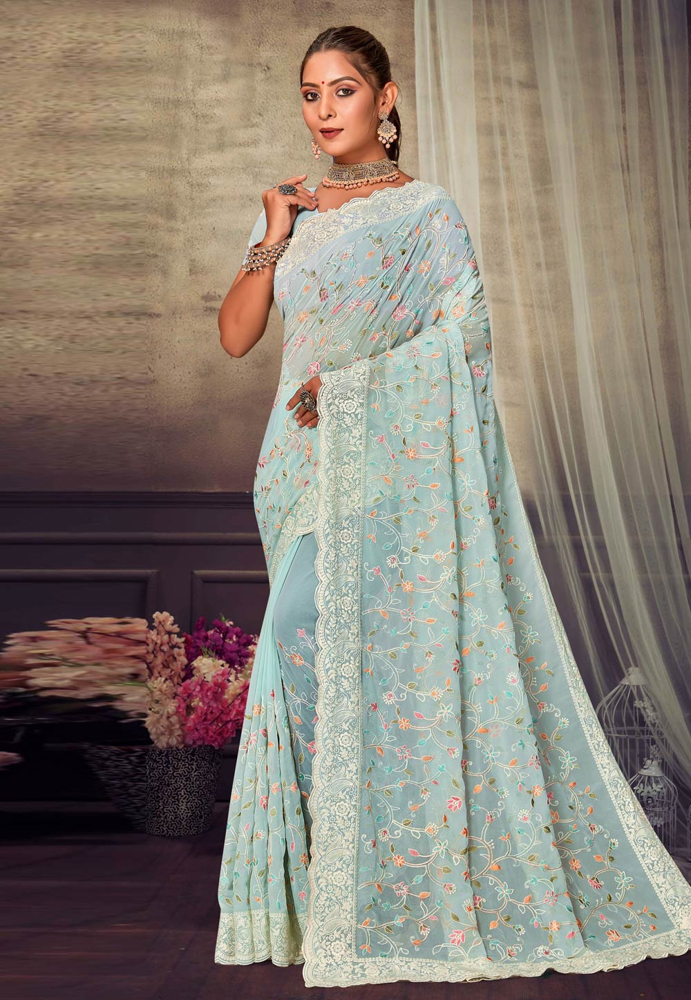 Sea Green Georgette Saree With Blouse 276632