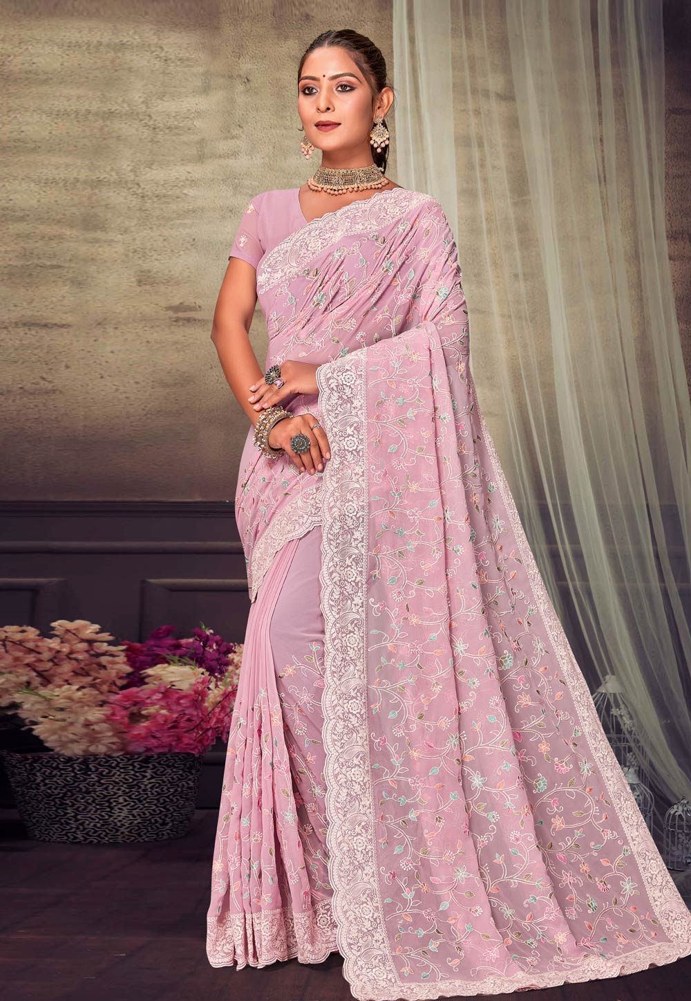 Pink Georgette Saree With Blouse 276633
