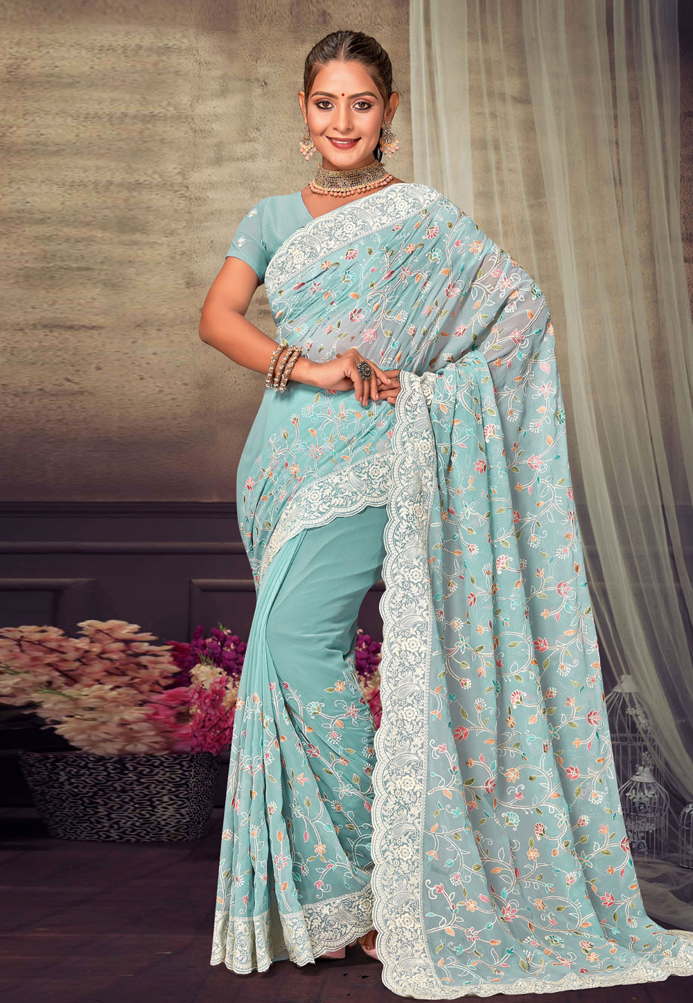 Sea Green Georgette Saree With Blouse 276634