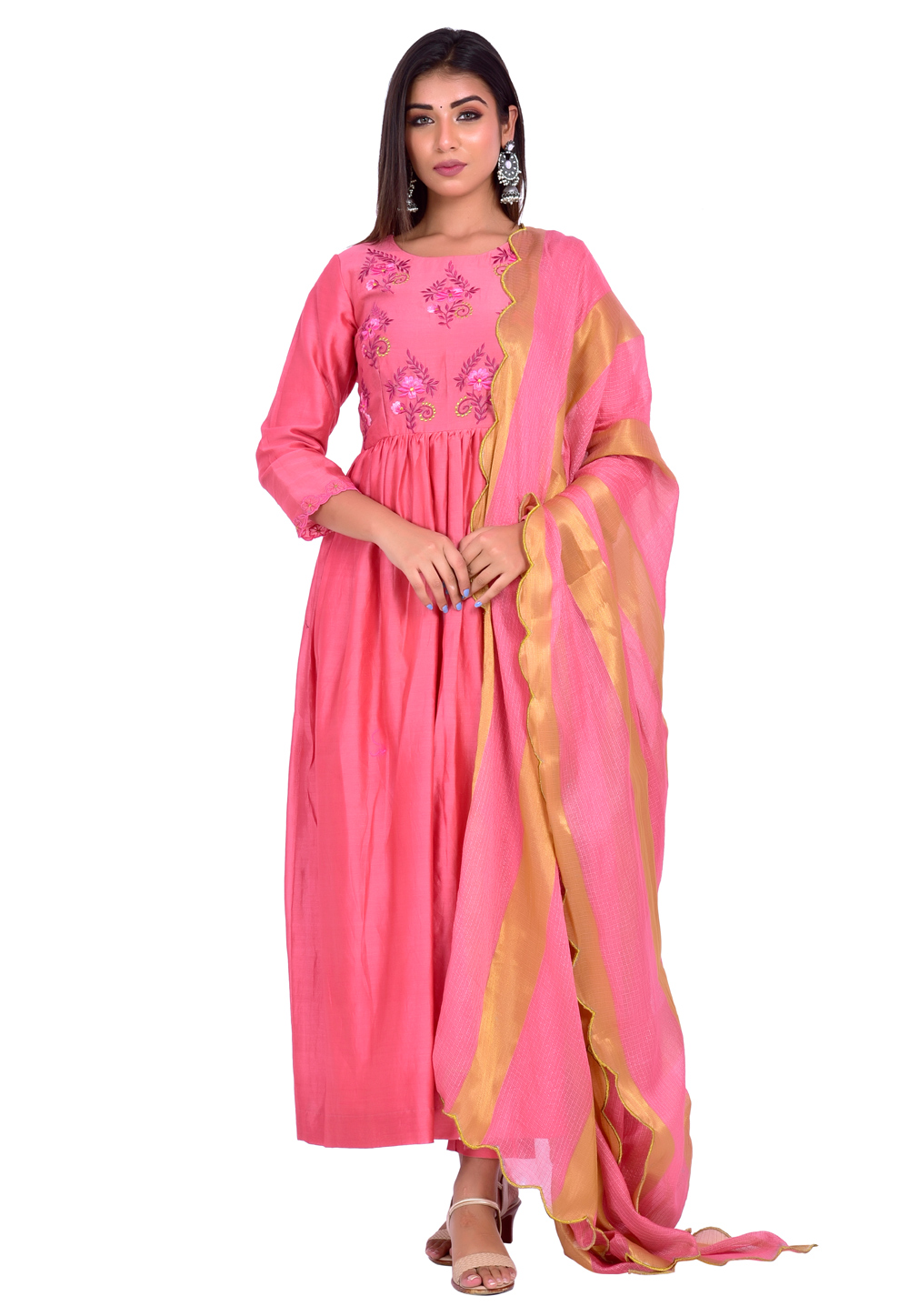 Pink Chanderi Readymade Pant Style Suit 197688