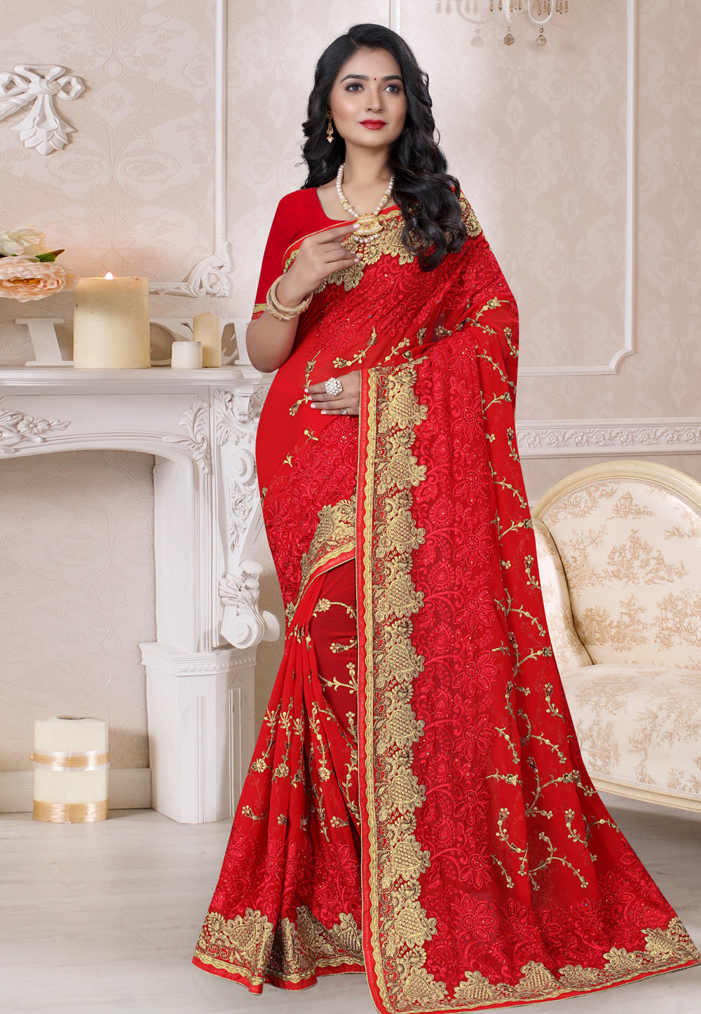 Red Georgette Saree With Blouse 212280