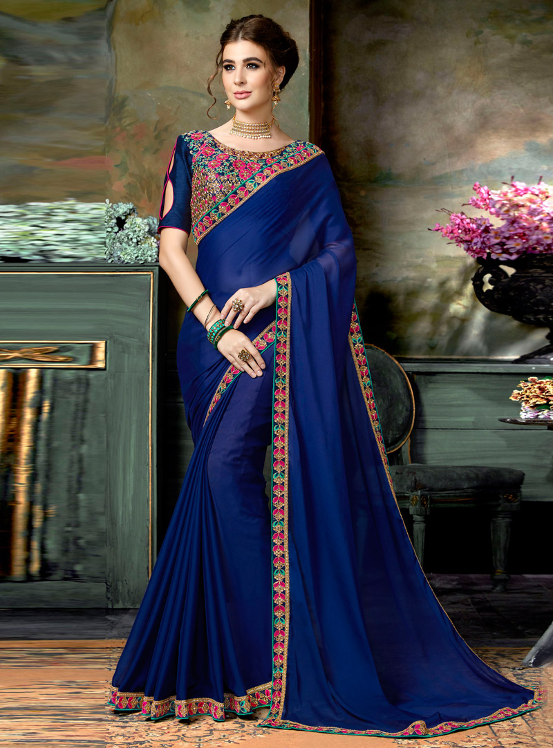Navy Blue Chiffon Saree With Embroidered Blouse 121714