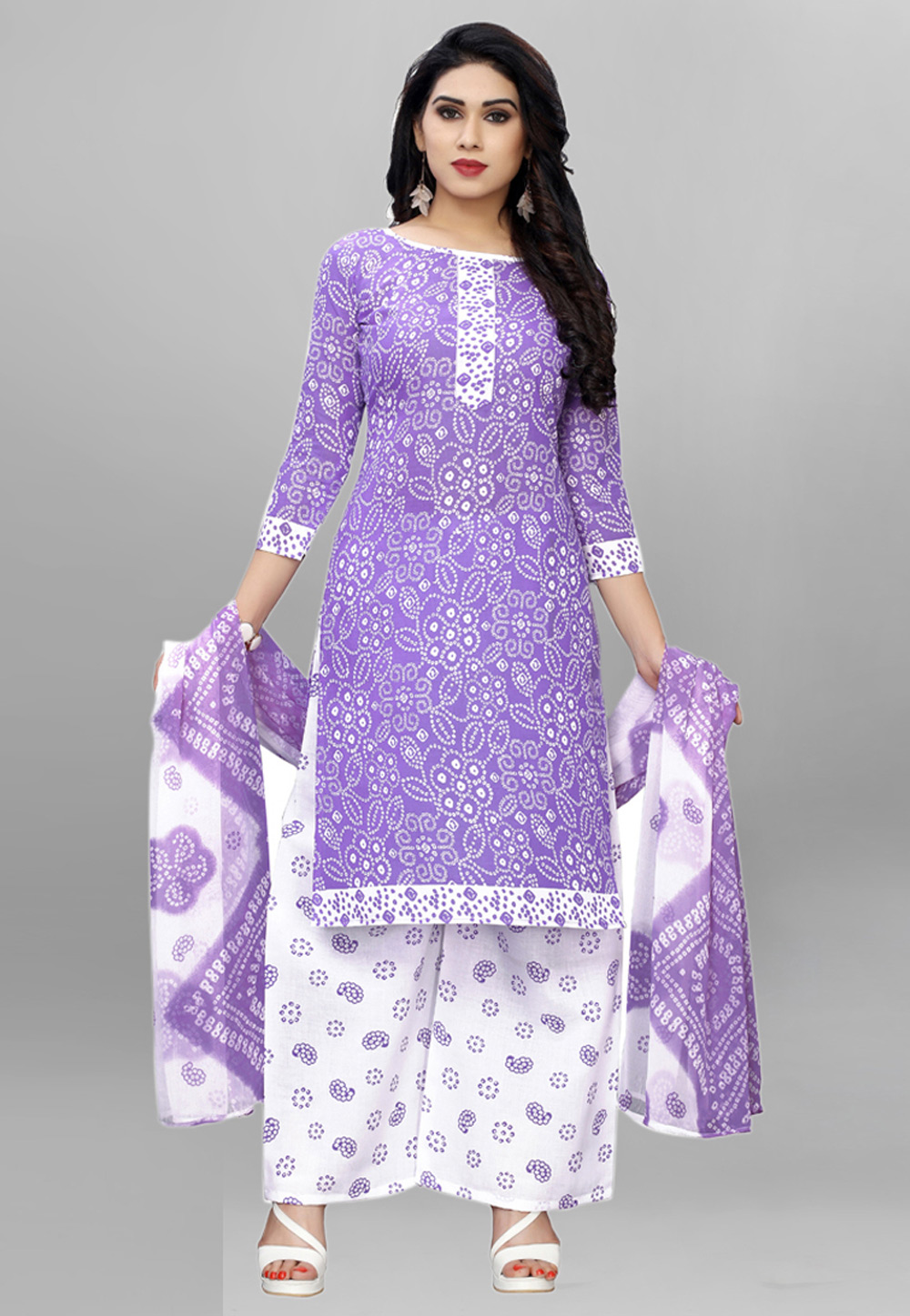 Violet Cotton Printed Kameez With Palazzo 206176