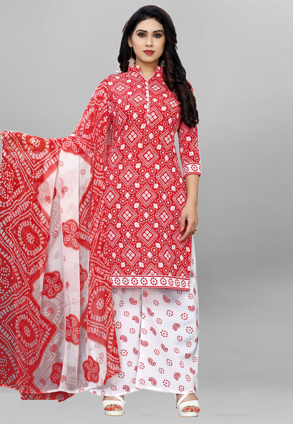 Red Cotton Printed Palazzo Suit 206177