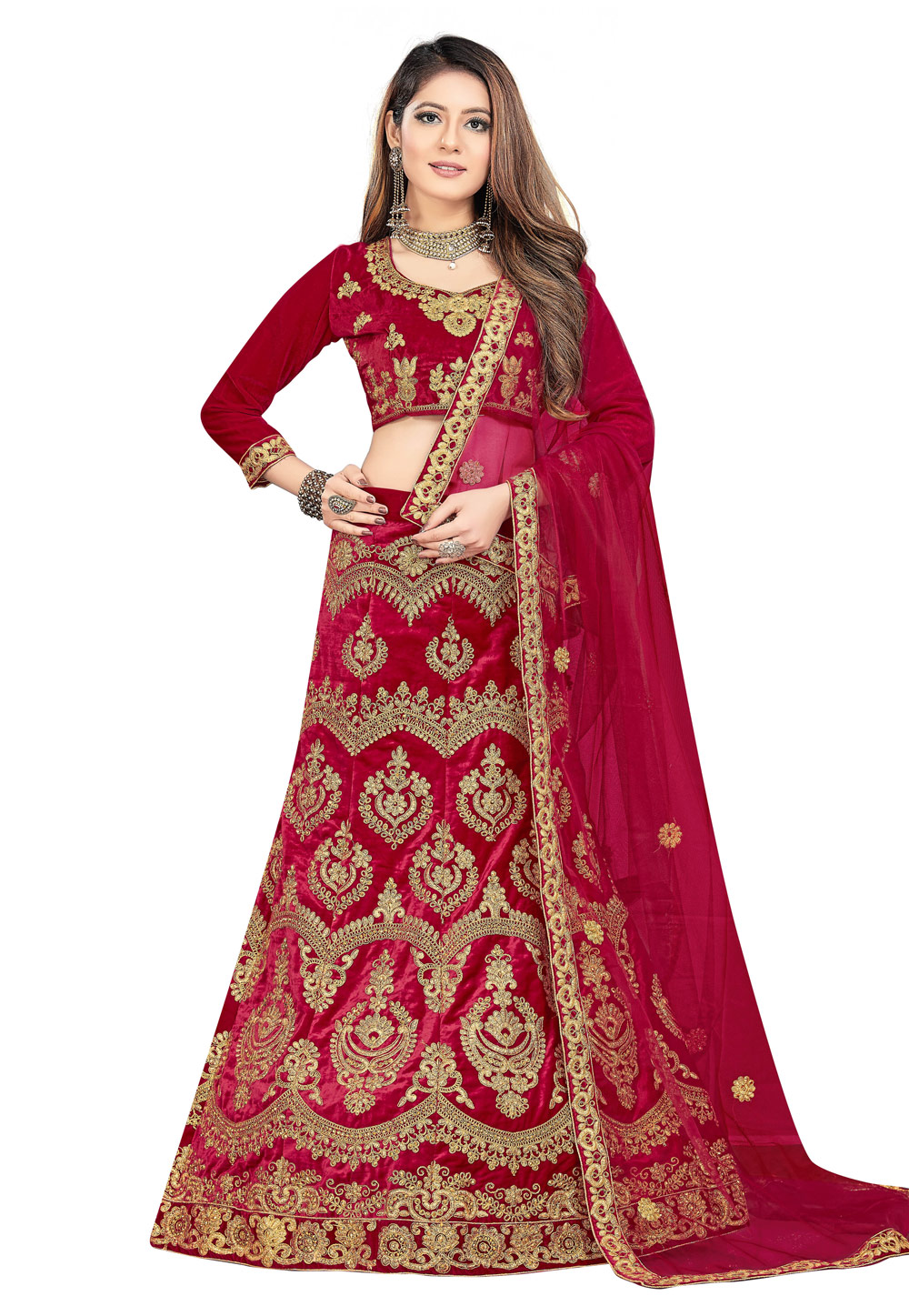 Maroon Velvet Bridal Lehenga Choli 220655