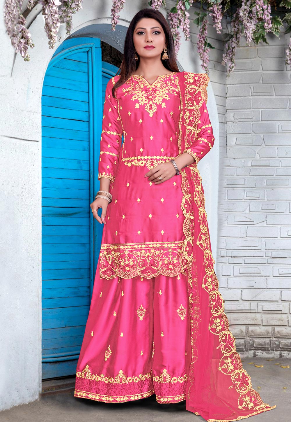 Pink Georgette Satin Palazzo Suit 231396