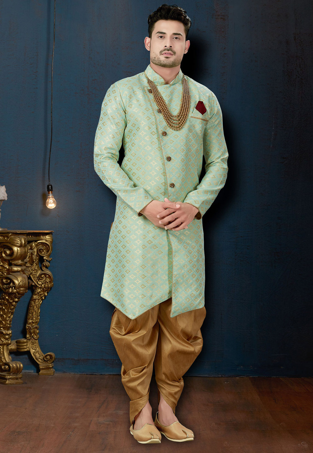 Light Green Jacquard Readymade Indo Western Suit With Dhoti 182925