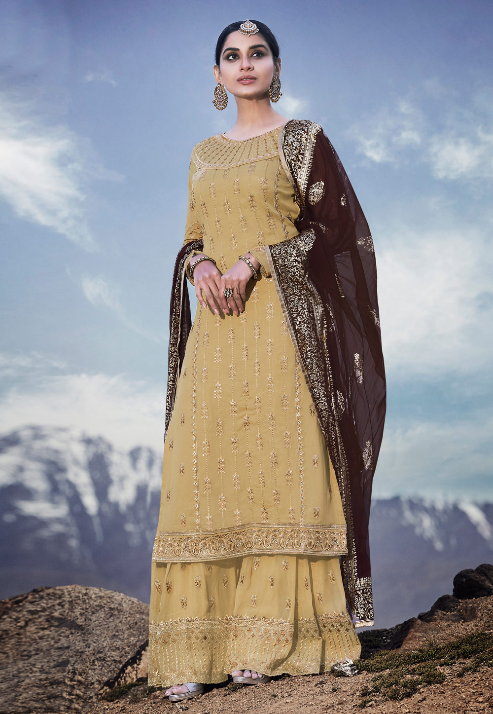 Golden Georgette Palazzo Style Suit 187934