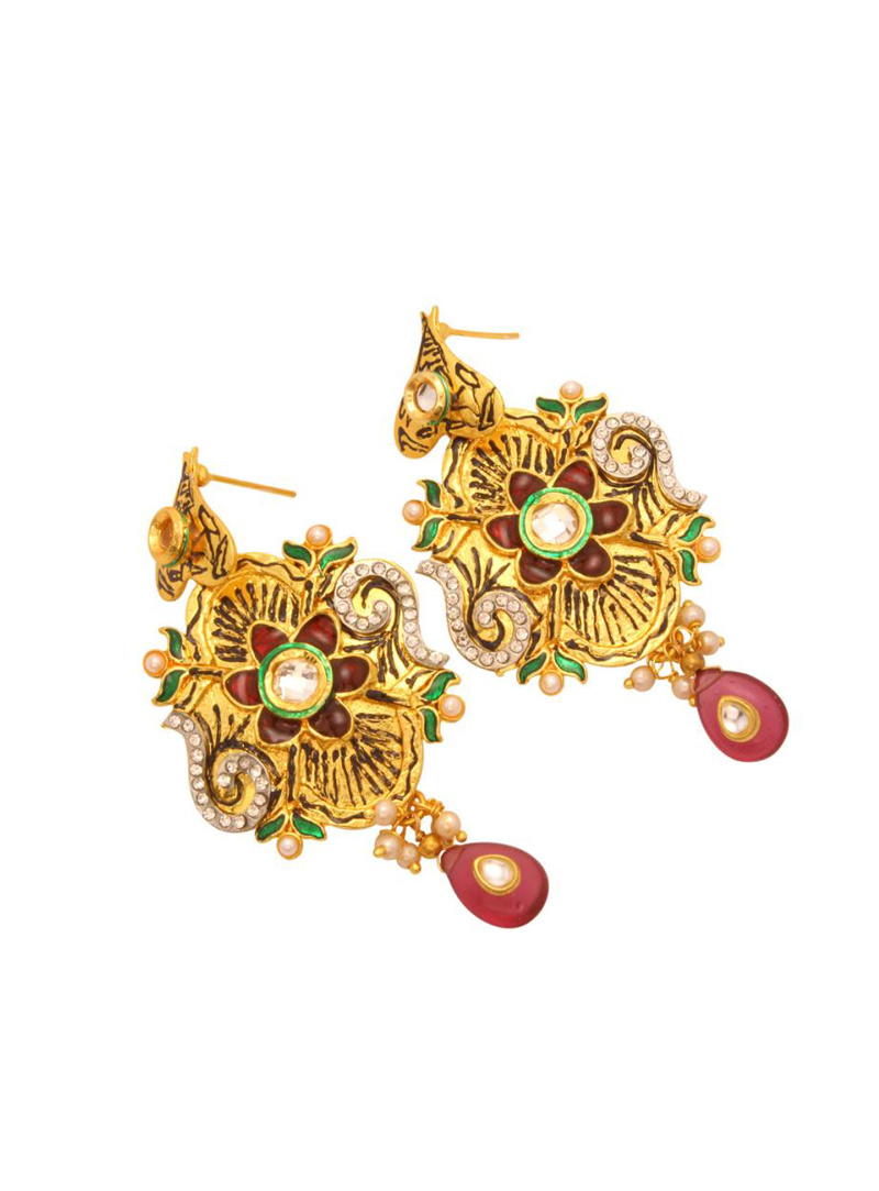 Green and Maroon Meenakari Bead Studded Earrings 27311