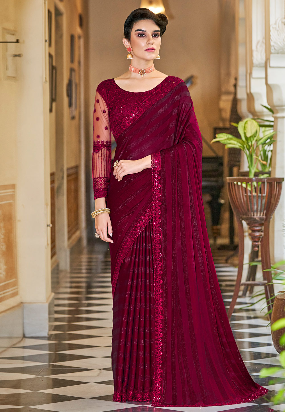 Dark Magenta Color Georgette Ruffled Trendy Saree With Blouse | Lovely  Wedding Mall