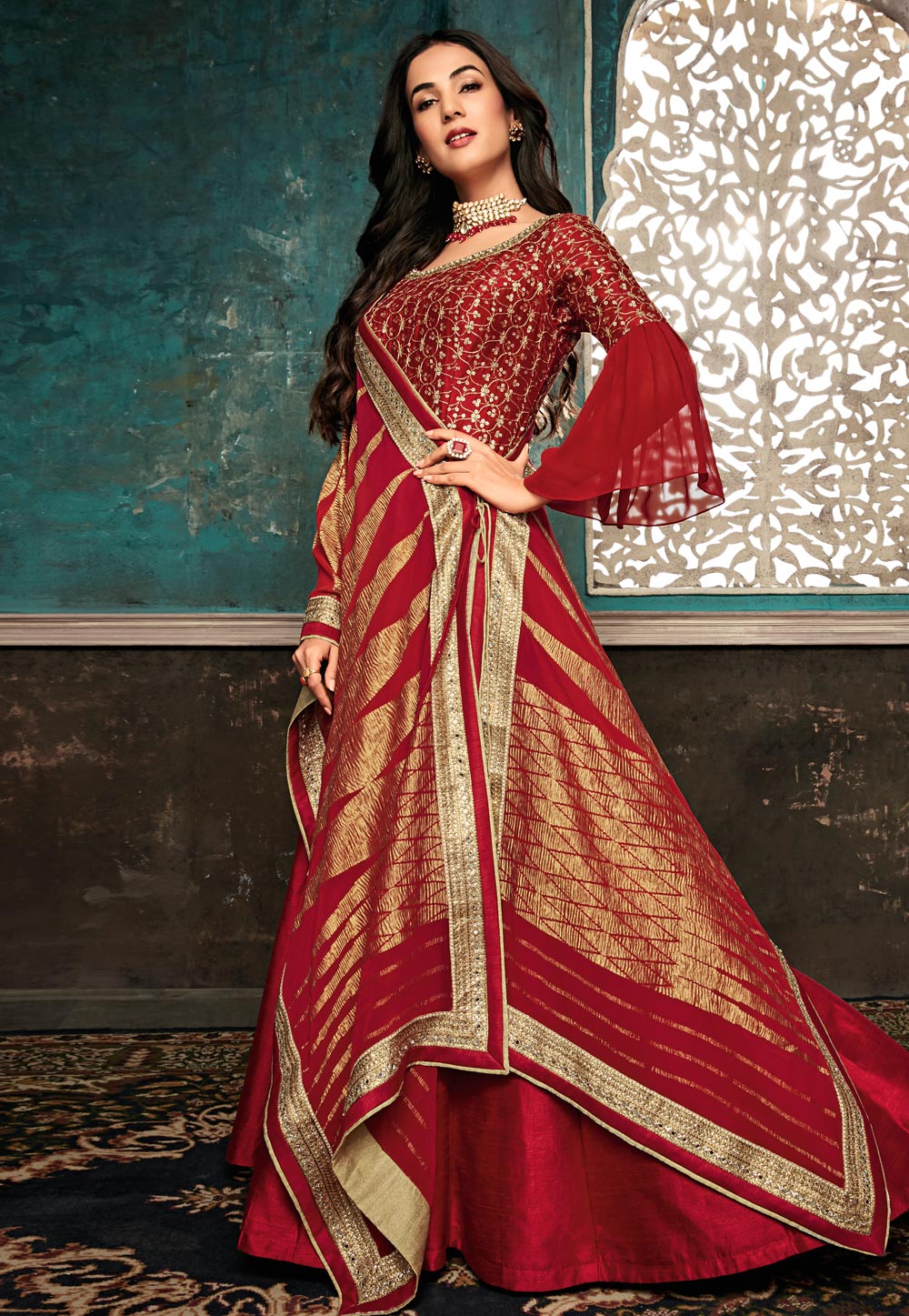 Sonal Chauhan Red Silk Embroidered Bollywood Anarkali Suit With Frill Sleeve 182438