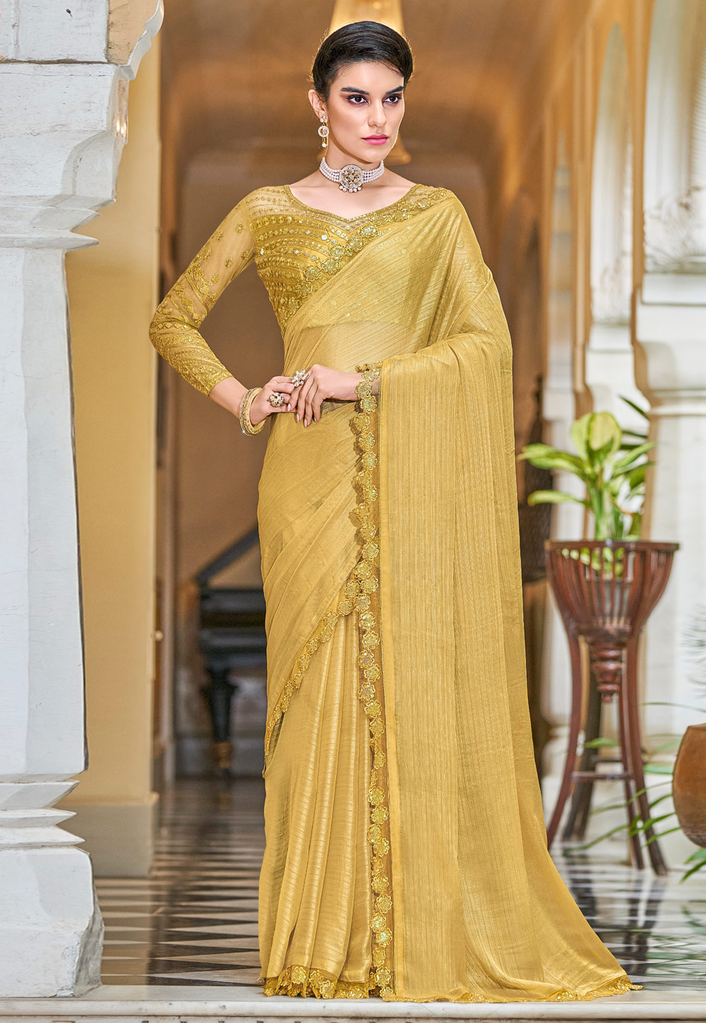 Golden Silk Saree With Blouse 254430