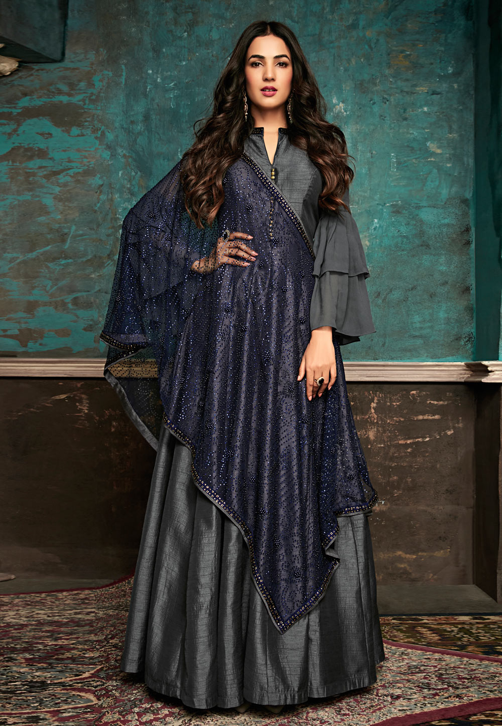 Sonal Chauhan Grey Silk Embroidered Long Anarkali Suit With Frill Sleeve 182439