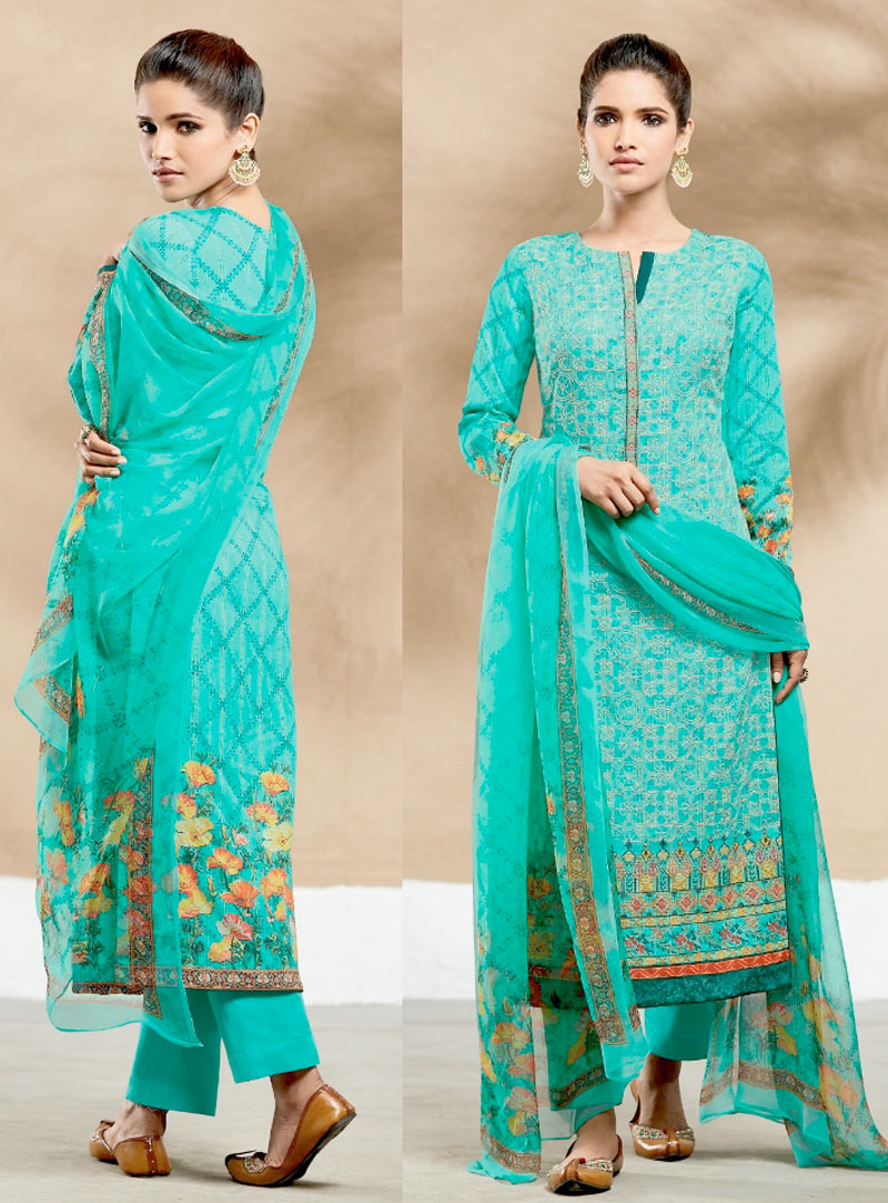 Turquoise Cotton Pakistani Style Suit 90655