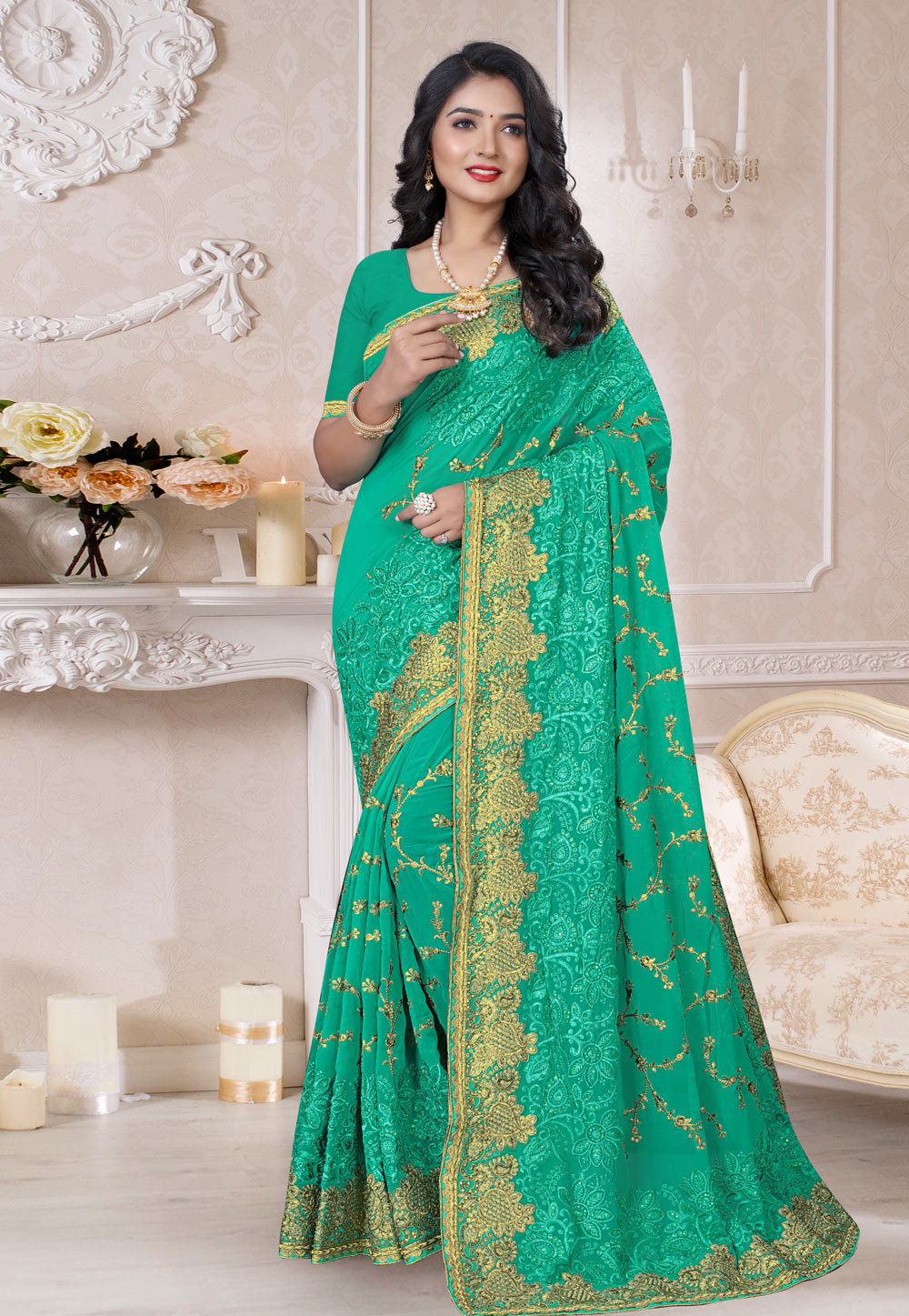 Green Georgette Saree With Blouse 212286