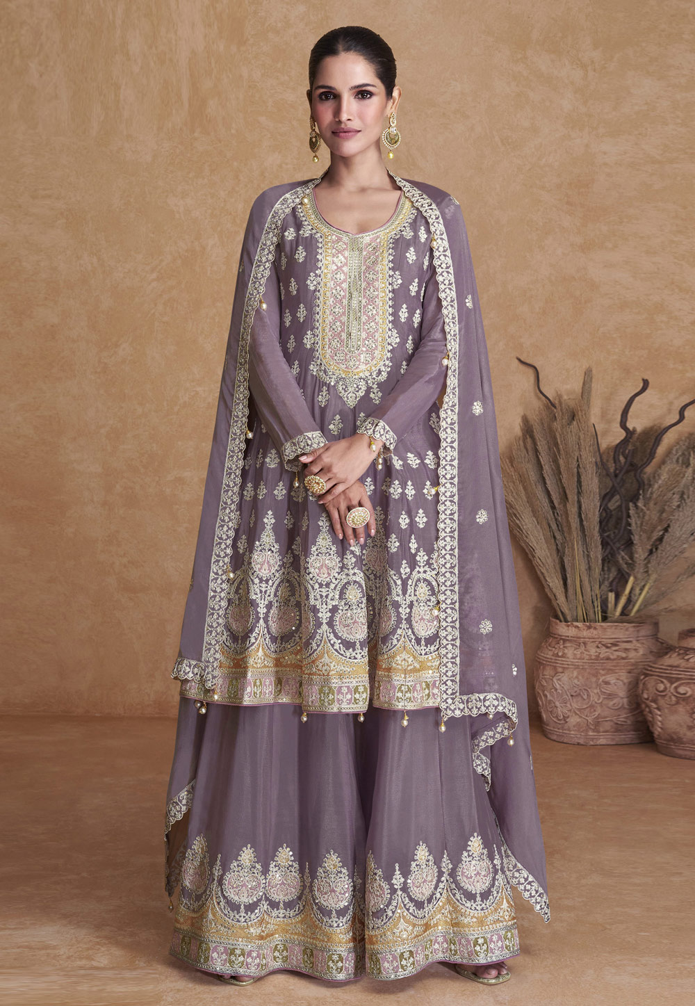 Light Purple Faux Georgette Embroidered Sharara Suit 270301