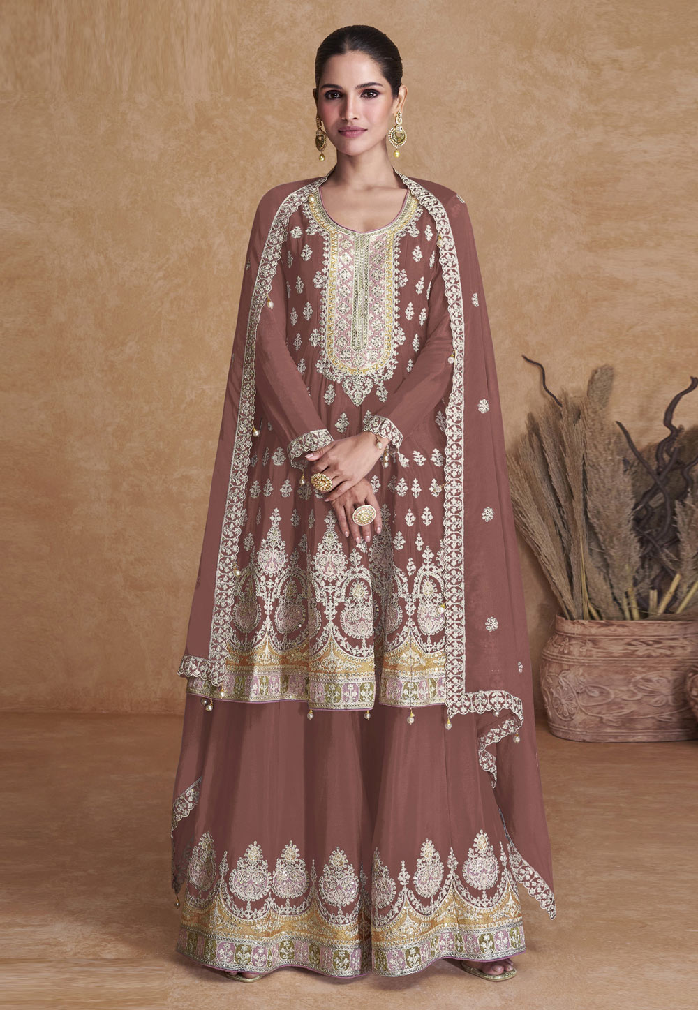 Brown Faux Georgette Embroidered Sharara Suit 270302