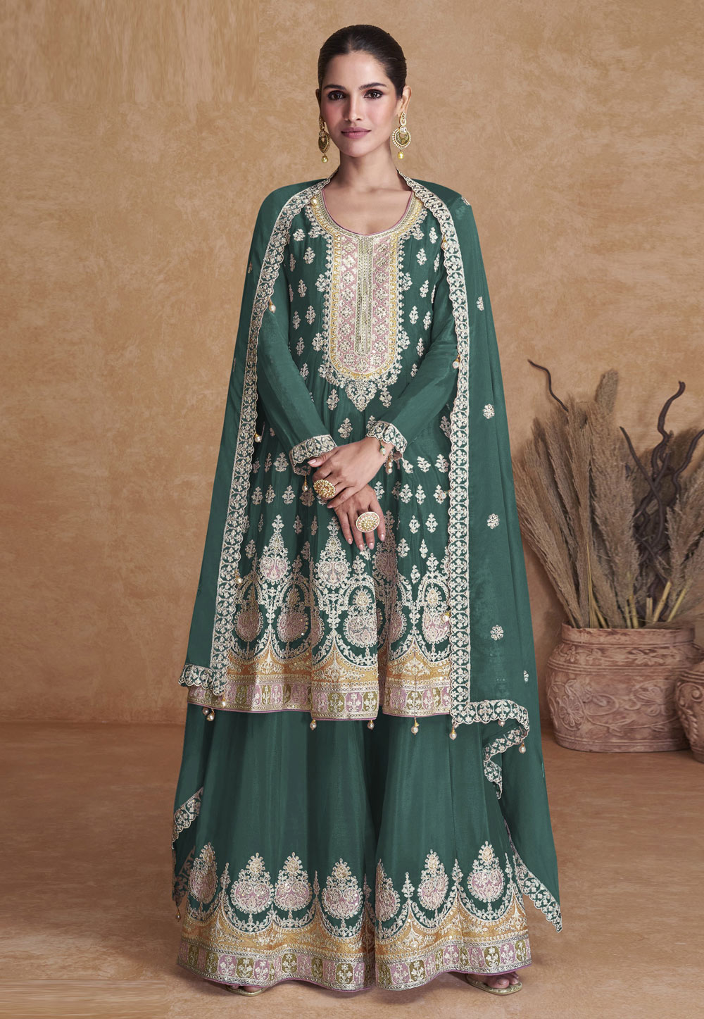 Green Faux Georgette Embroidered Sharara Suit 270303