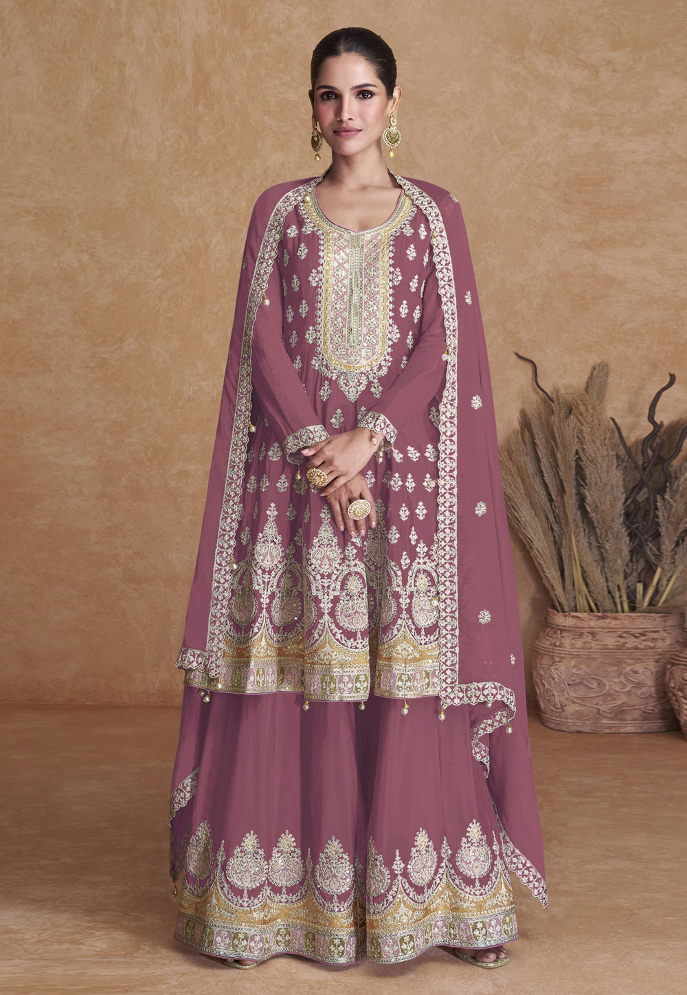 Pink Faux Georgette Embroidered Sharara Suit 270304