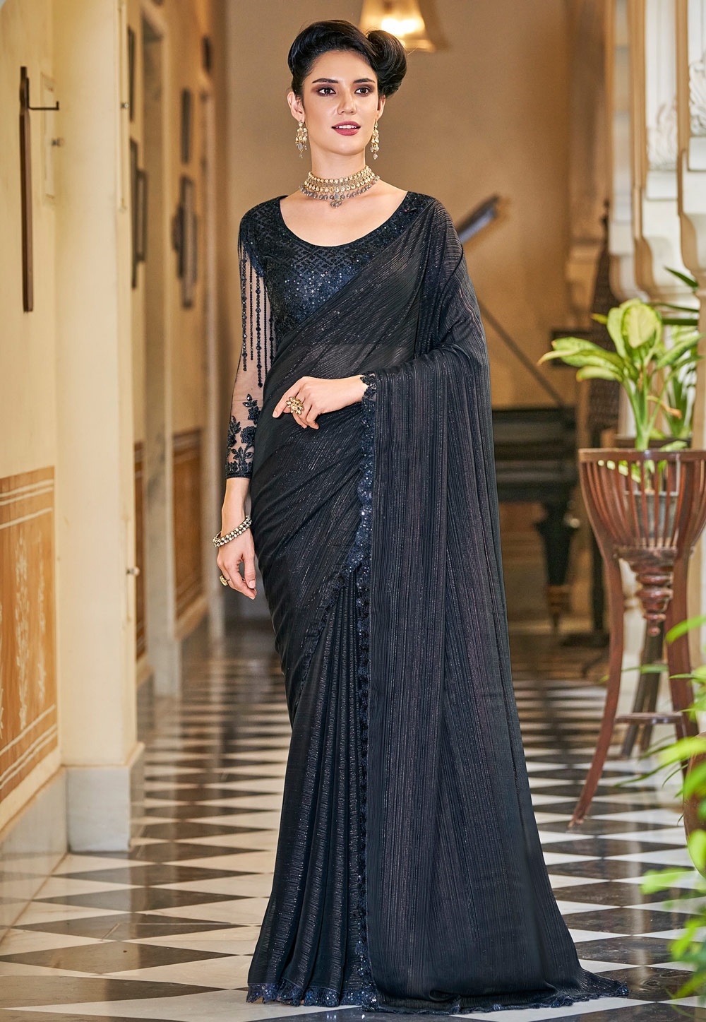 Buy Black Sequins Georgette Saree - Koskii